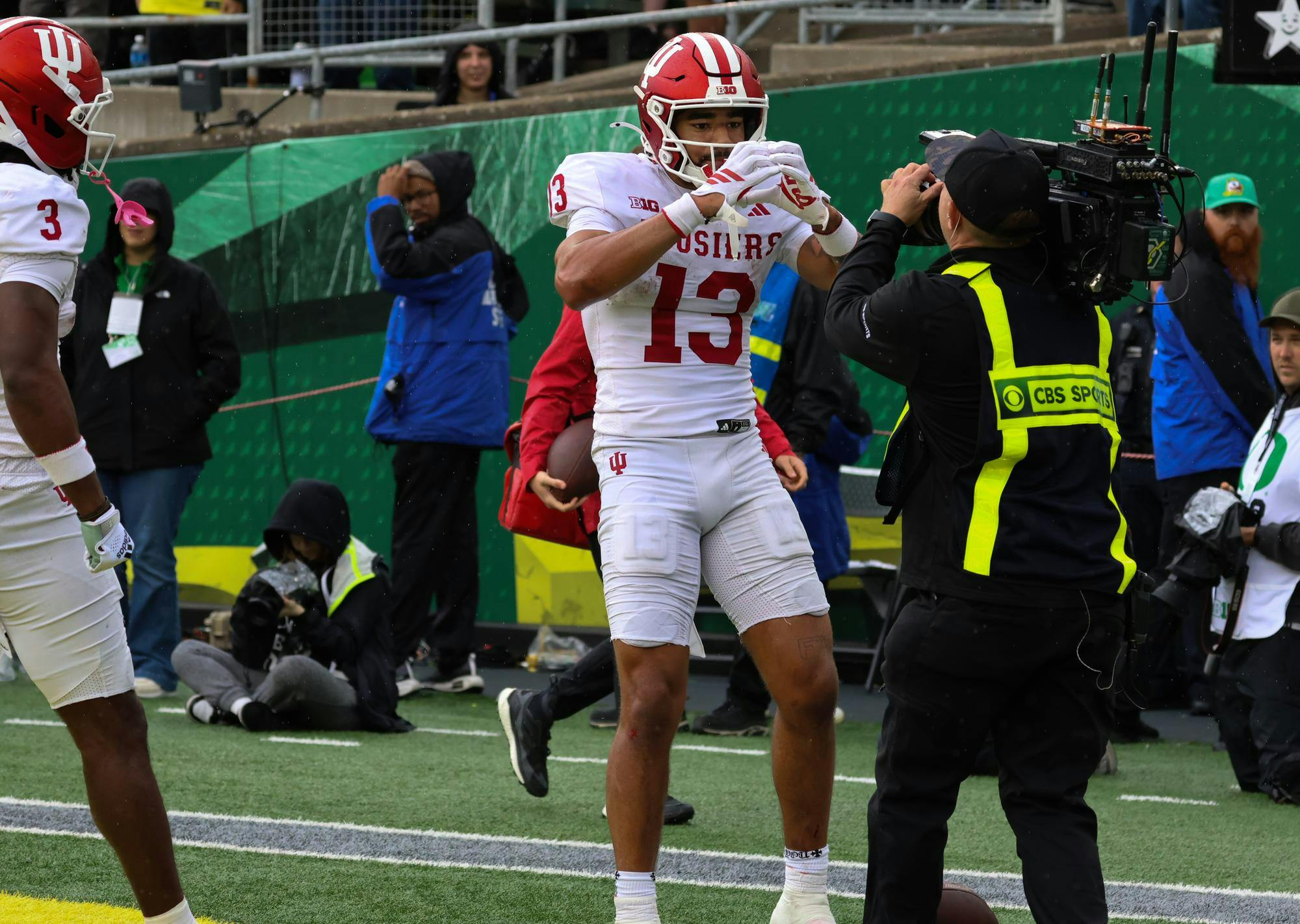 Indiana senior wide receiver Elijah Sarratt celebrates a touchdown against Oregon inside Autzen Stadium on Oct. 11. Sarratt had 8 catches for 121 yards and a touchdown against the Ducks.