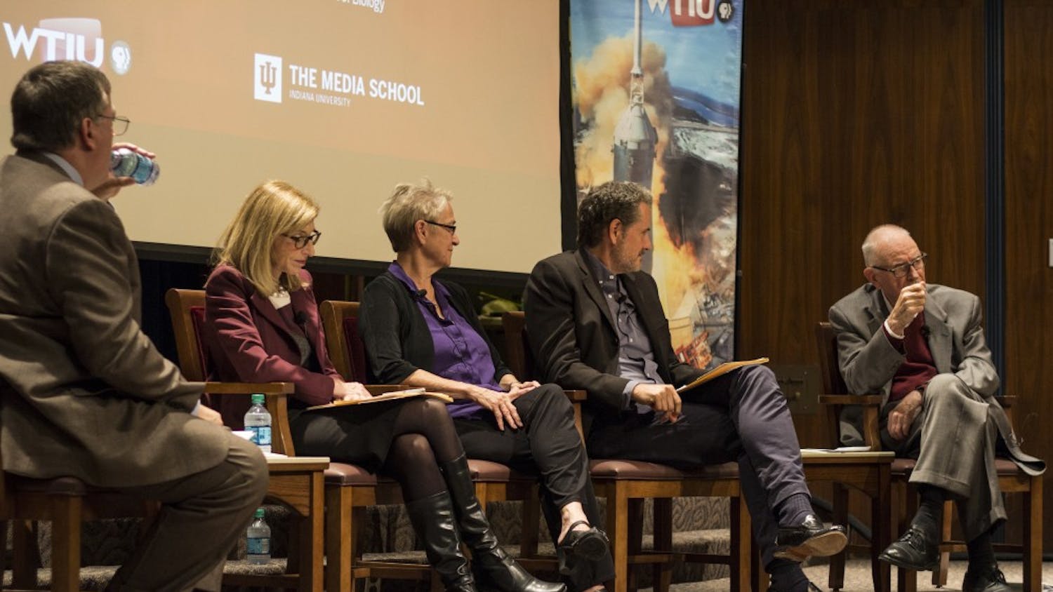 Lee Hamilton, former congressman and current IU professor of practice, answers a question at a panel discussion Wednesday evening in the Whittenberger Auditorium. The panel was an open dialogue about the changing climate in today's divisive political landscape and consisted of NOVA producers Paula Apsell and Doug Hamilton, as well as IU faculty members Ella Ketterson and Lee Hamilton. 