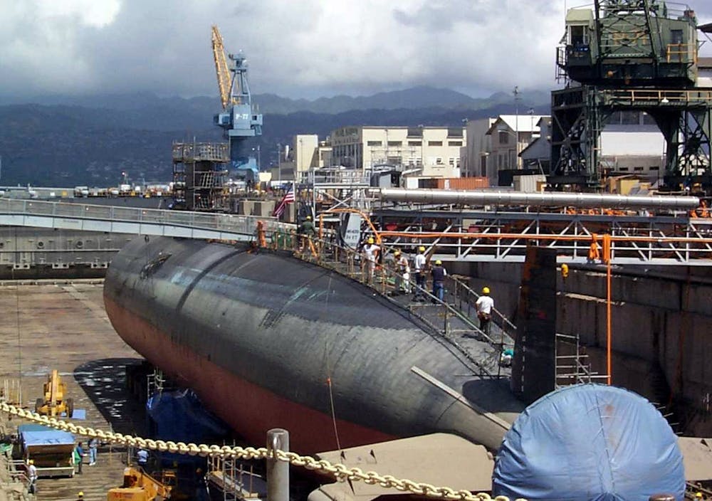 The USS Greeneville sits in dry dock at the Pearl Harbor Naval Shipyard on the island of Oahu, Hawaii.