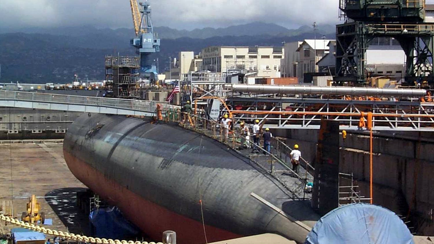 The USS Greeneville sits in dry dock at the Pearl Harbor Naval Shipyard on the island of Oahu, Hawaii.