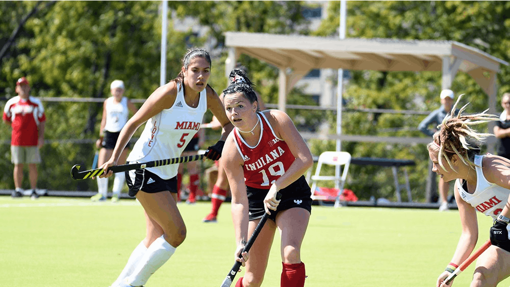 Then-sophomore midfielder Ciara Girouard looks to pass the ball against Miami (Ohio) on Sept. 10, 2017, at the IU Field Hockey Complex. IU will play in the Hoosier Invitational against No. 20 Stanford and St. Francis University this weekend.