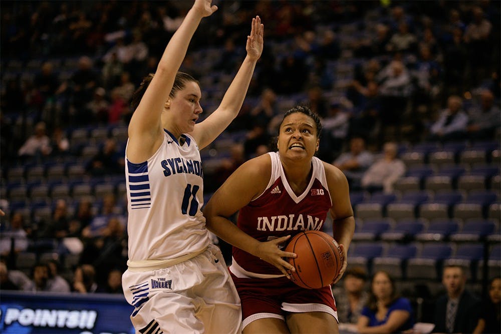 Junior guard Karlee McBride moves the ball up the court against Indiana State at a game in December. The Hoosiers defeated the Sycamores 53-52 at the Hulman Center.