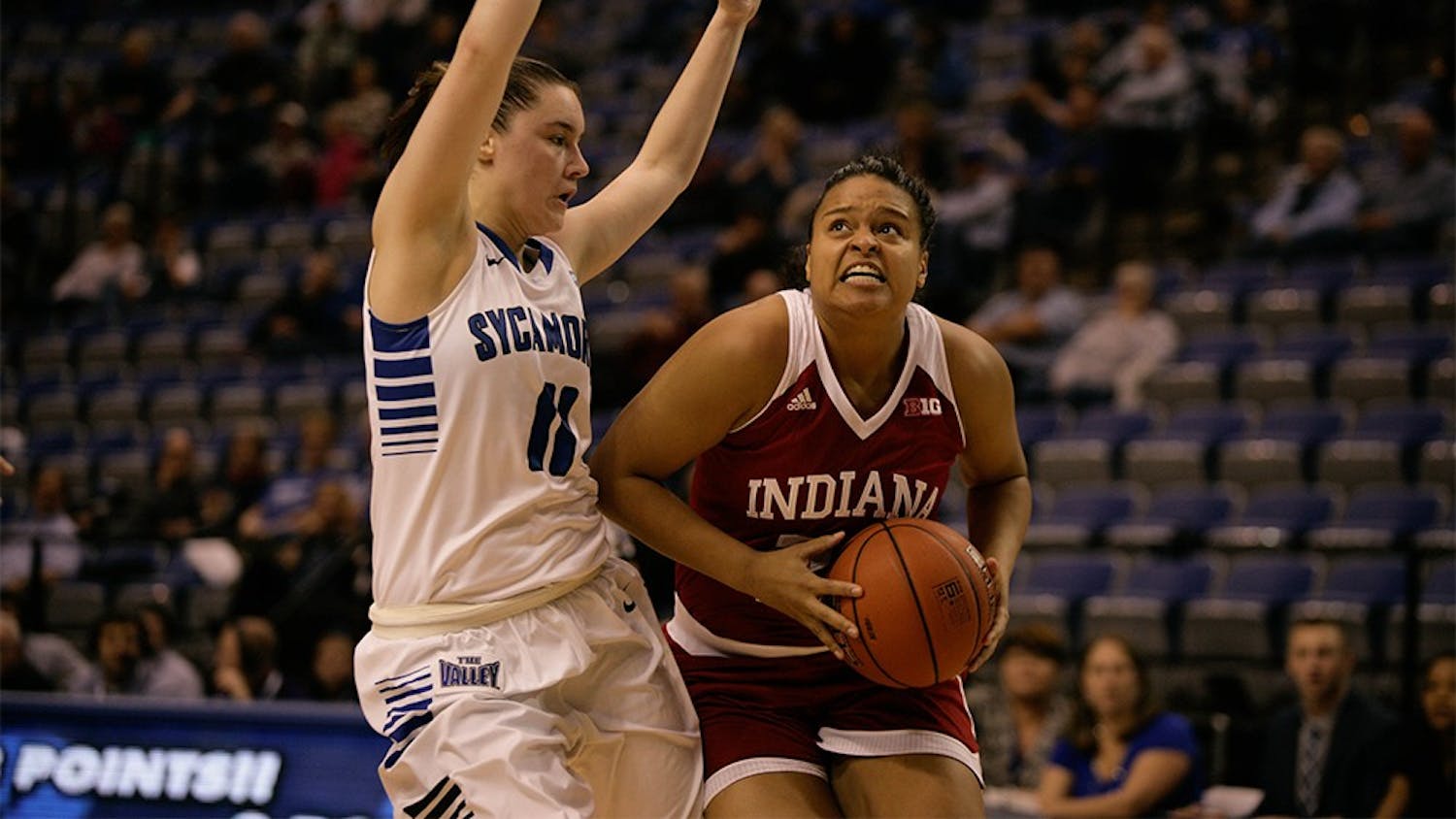 Junior guard Karlee McBride moves the ball up the court against Indiana State at a game in December. The Hoosiers defeated the Sycamores 53-52 at the Hulman Center.