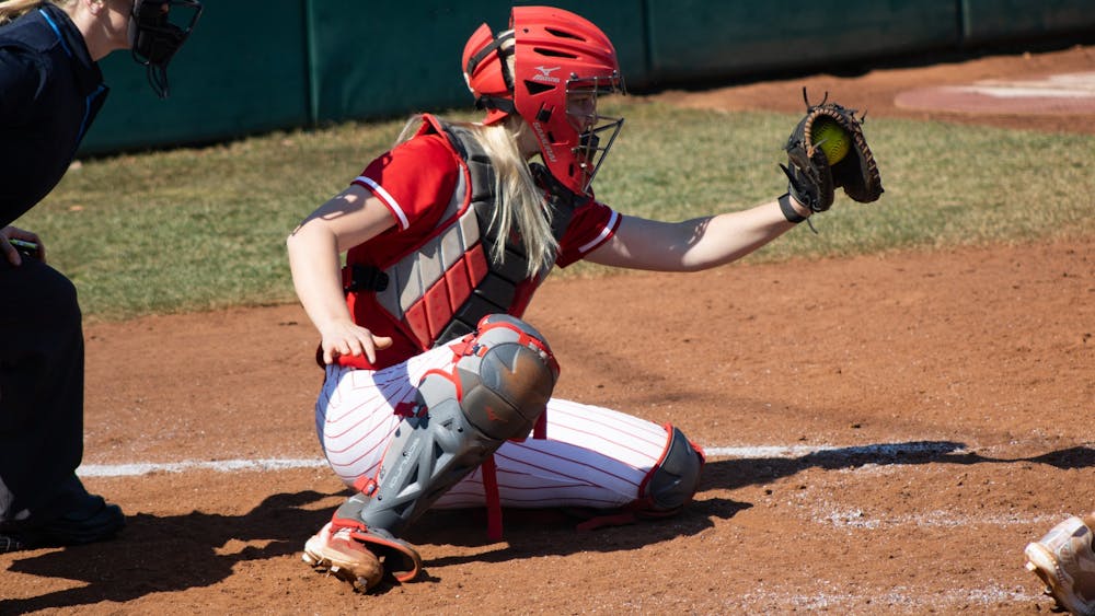 Sophomore catcher Lindsey Warick frames a pitch against Western Illinois University on March 5, 2022.  No. 1-ranked University of Oklahoma, at the Hall of Fame Classic from March 18-20.