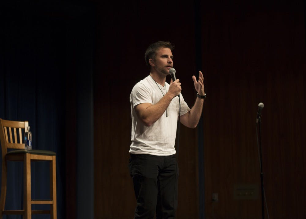 <p>D.J. Demers performs Oct. 10 in the Whittenberger Auditorium. Demers performed his stand-up comedy set at no cost to the listeners. Demers' comedy centers on his observations and experiences while living with and without his hearing aids.</p>