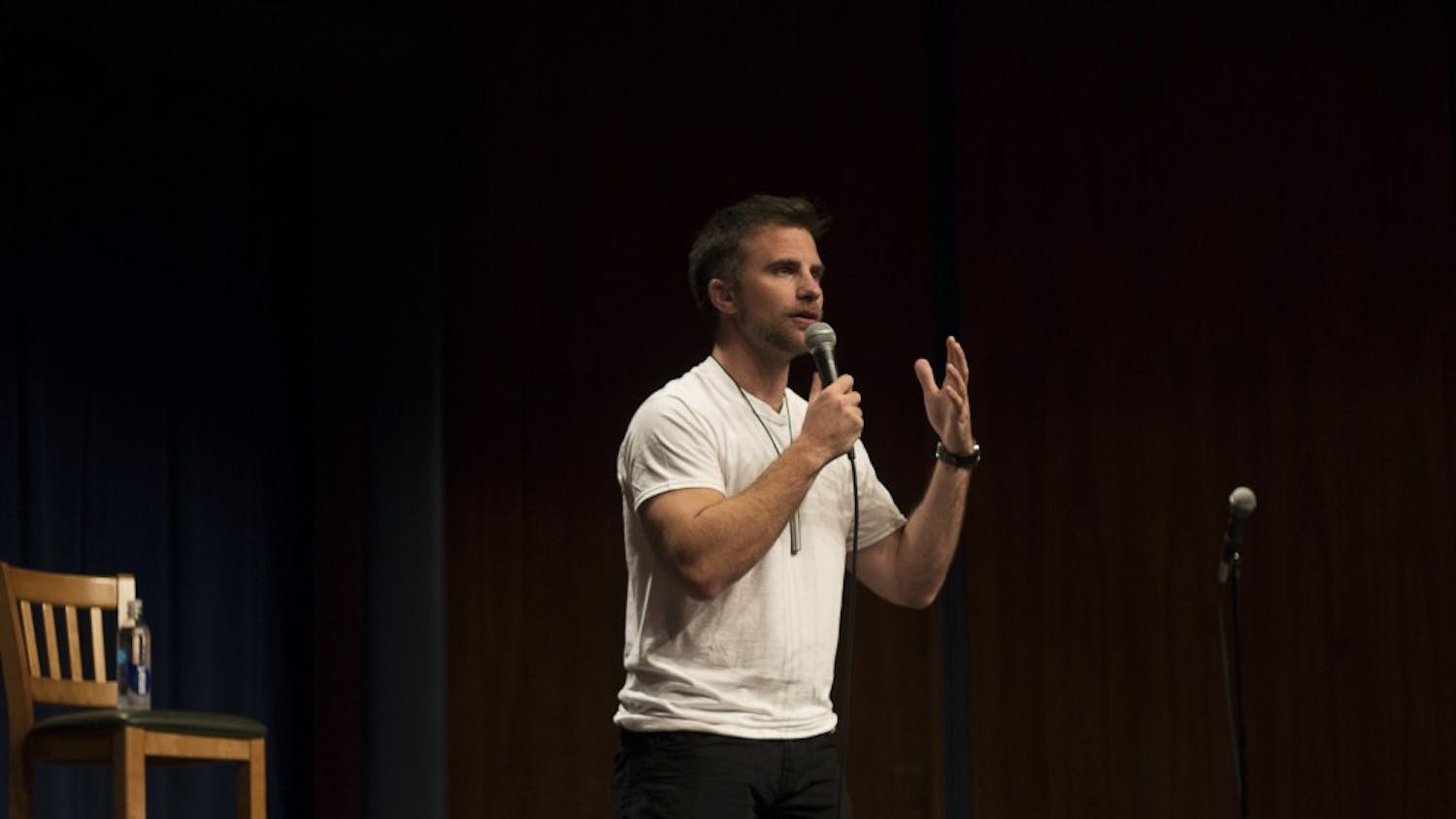 D.J. Demers performs Oct. 10 in the Whittenberger Auditorium. Demers performed his stand-up comedy set at no cost to the listeners. Demers' comedy centers on his observations and experiences while living with and without his hearing aids.