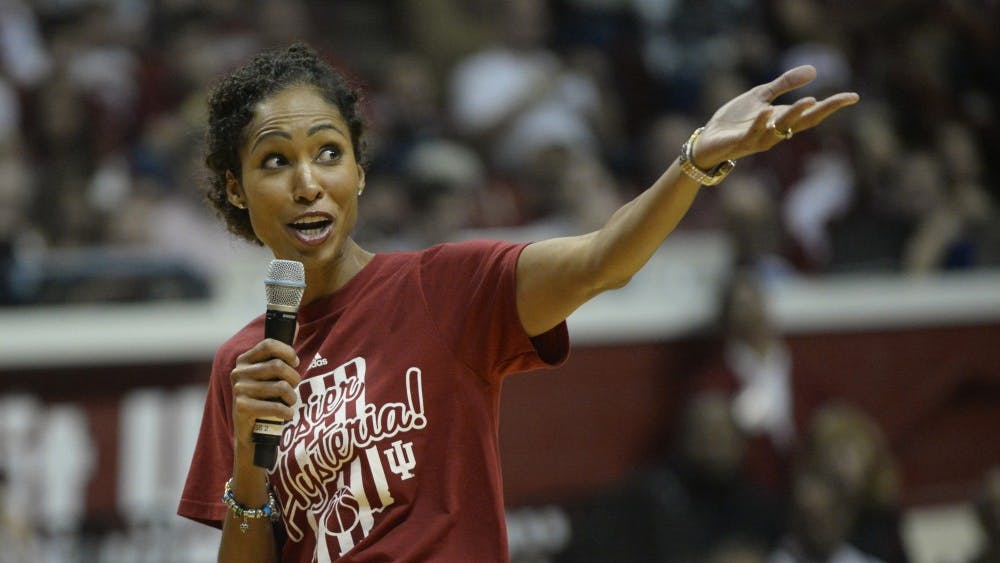 ESPN personality and IU alumna Sage Steele speaks during IU's Hoosier Hysteria at Simon Skjodt Assembly Hall.