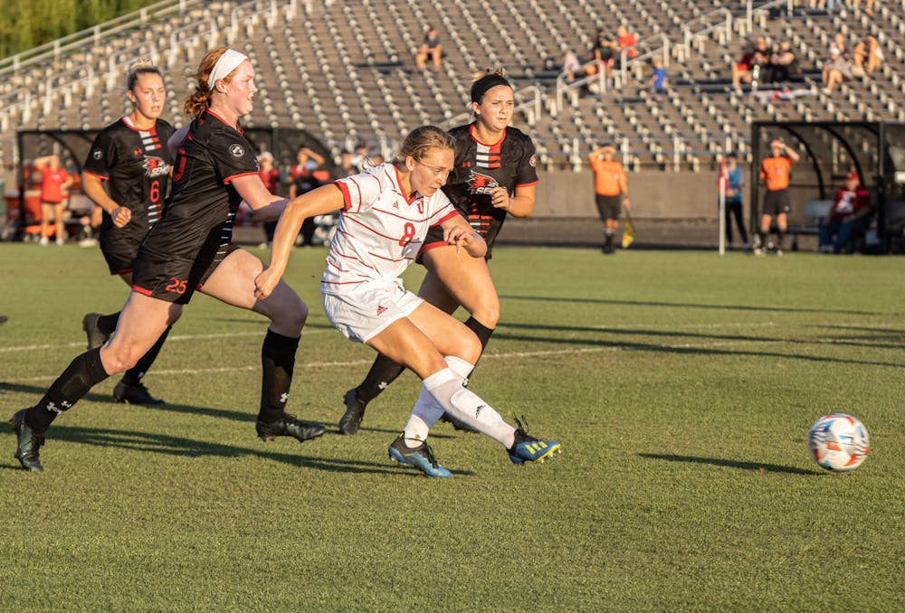 <p>Junior Avery Lockwood shoots and scores a goal against Southeast Missouri State on Sept. 5, 2021 at Bill Armstrong Stadium. Lockwood’s shot slides past the goalkeeper to give IU a 3-0 lead in the first half. </p>