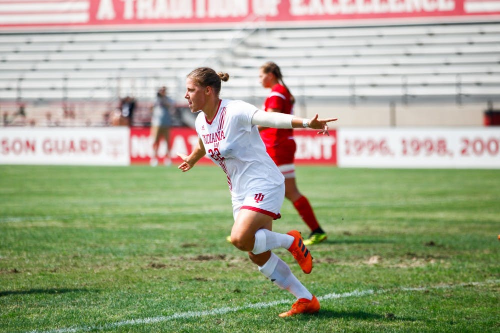 <p>Senior Annelie Leitner celebrates after scoring a goal against Miami at Bill Armstrong Stadium on Aug. 19. Leitner was named Big Ten Player of the Week Tuesday.&nbsp;</p>