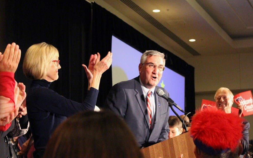 Eric Holcomb and Suzanne Crouch take the stage to celebrate their election as governor and lieutenant governor, respectively. Holcomb defeated John Gregg, Democrat, in their run for office. 