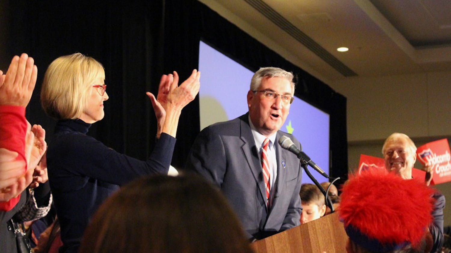 Eric Holcomb and Suzanne Crouch take the stage to celebrate their election as governor and lieutenant governor, respectively. Holcomb defeated John Gregg, Democrat, in their run for office. 