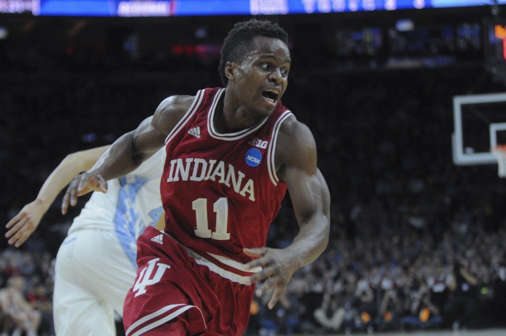Senior guard Yogi Ferrell runs after a North Carolina pass during the Sweet Sixteen game on Friday at the Wells Fargo Center. Indiana lost 101-86.
