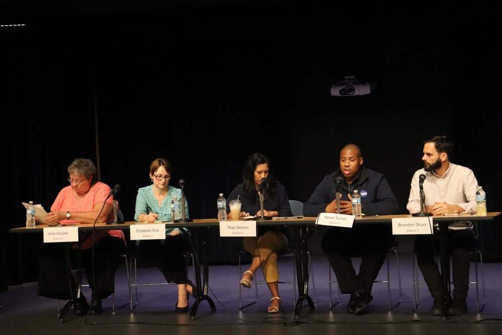 <p>From left, candidates Jane Gouker, Elizabeth Ruh, Thao Nelson, Byron Turner and Brandon Shurr make up the panel of candidates at the Monroe County Community School Corporation candidate forum Sept. 17 in the Monroe County Public Library auditorium. Breidenstein, Gouker, Nelson and Ruh are running for the District 1 seat, while incumbent Martha Street and Byron Turner are running in District 3. Shurr is running unopposed in District 7.</p>