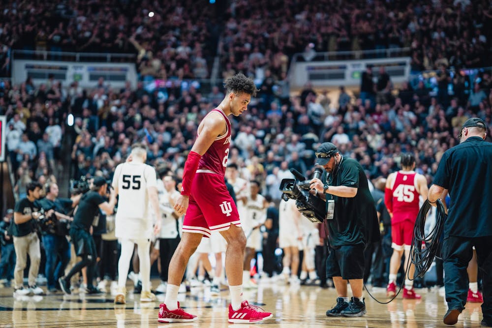 <p>Sophomore forward Trayce Jackson-Davis walks off the court after the final buzzer March 5, 2022, at Mackey Arena in West Lafayette, IN. Indiana lost 67-69 against Purdue.</p>