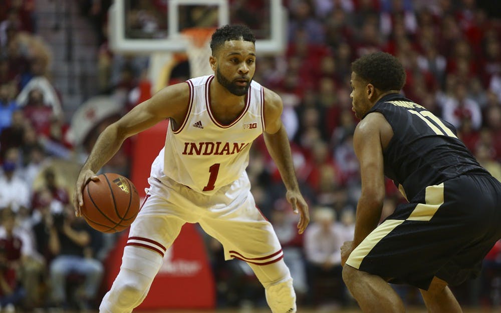 Junior guard James Blackmon Jr. dribbles the ball against Purdue on Thursday night. IU lost 69-64.