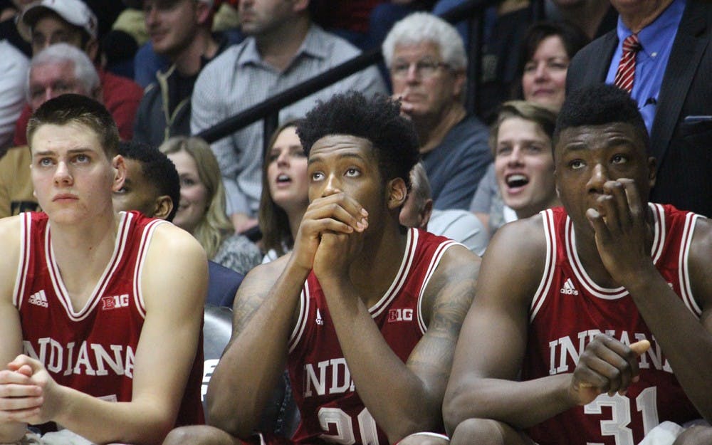 The Hoosier bench looks on as Purdue beats IU by double digits. Both freshman forward De'Ron Davis and sophomore center Thomas Bryant fouled out.