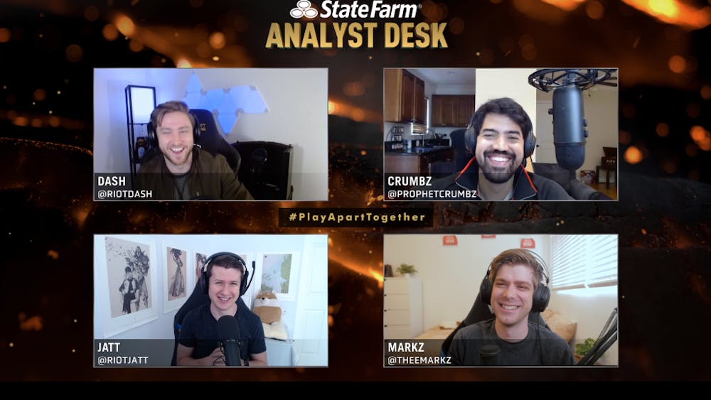 James “dash” Patterson (top left), Alberto “Crumbz” Rengifo (top right), Joshua “Jatt” Leesman (bottom left) and Mark “MarkZ” Zimmerman (bottom right) sit as the analyst desk for the first round of playoffs during the League of Legends Champions Series.