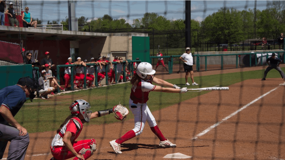 Freshman Taylor Uden swings at a pitch during the 2016 season against Ohio State.&nbsp;