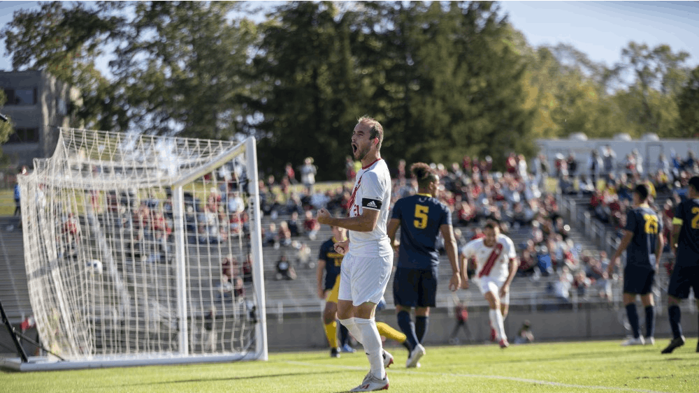 Redshirt junior Spencer Glass celebrates after scoring a goal Oct. 13 at Bill Armstrong Stadium. It was Glass&#x27; second goal of the season.