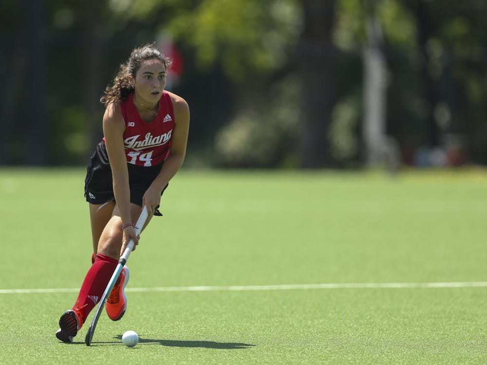BLOOMINGTON, IN - August 20, 2023 - midfielder Inés Garcia Prado #34 of the Indiana Hoosiers during the scrimmage between the Miami OH RedHawks and the Indiana Hoosiers at IU Field Hockey Complex in Bloomington, IN. Photo By Sammy Nance/Indiana Athletics.