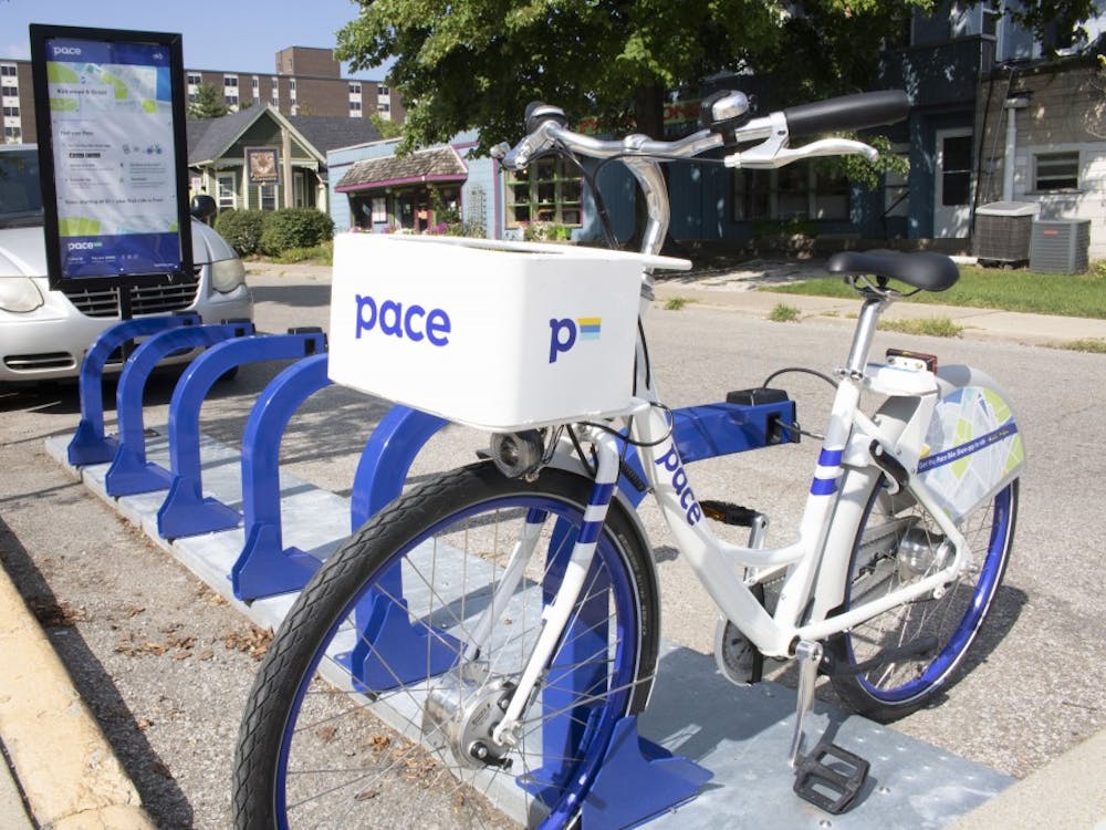 A Pace bicycle can be seen on the rack Thursday on North Grant Street near Pygmalion's Art Supplies.