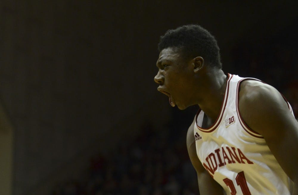 Freshman center Thomas Bryant celebrates during the game against Northwestern on Saturday at Assembly Hall.