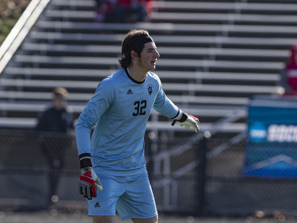 Then-freshman goalkeeper Roman Celentano points to the field Nov. 24, 2019, at Bill Armstrong Stadium. Celentano was named the Defensive Player of the Big Ten Tournament after the Hoosiers&#x27; win over Penn State on Saturday. 