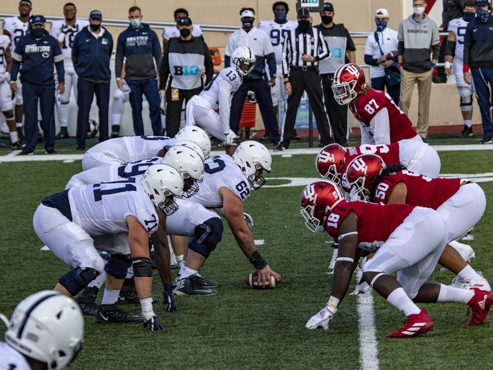 Indiana football&#x27;s defensive linemen prepares for Penn State’s offense to start the play Oct. 24, 2020, in Memorial Stadium. Indiana landed a 2024 commitment Wednesday from five-star long snapper Alan Soukup.