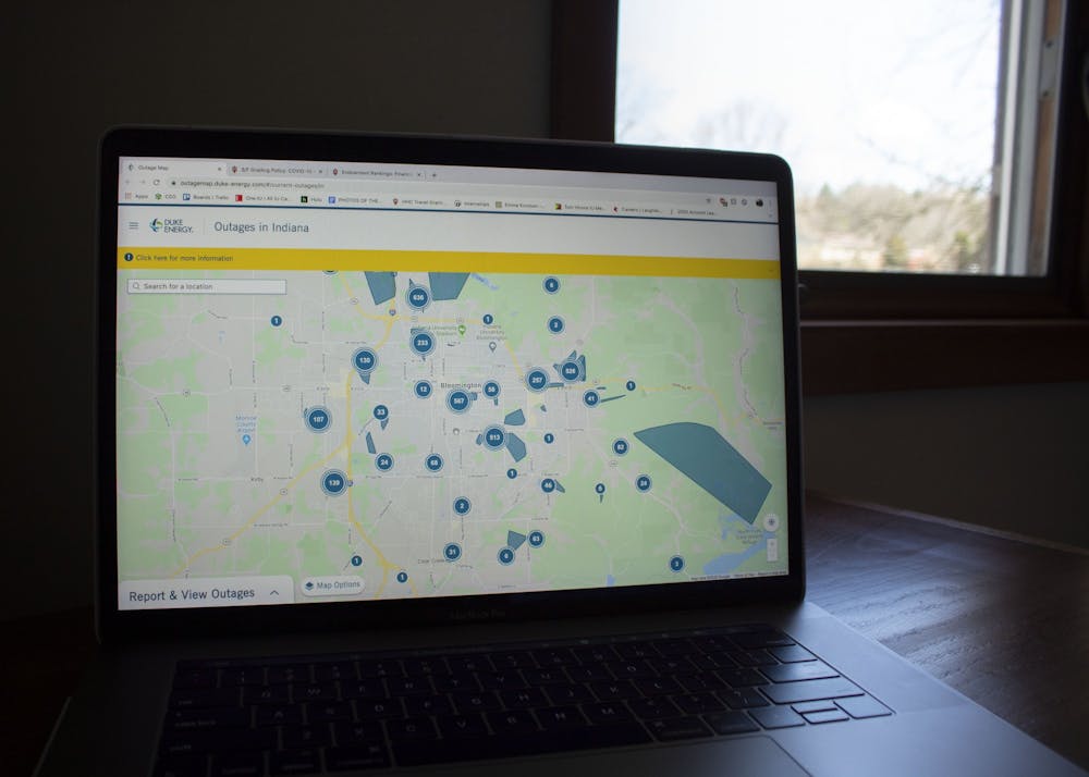 <p>Duke Energy’s map of Thursday morning power outages in Bloomington is displayed on a laptop. More than 4,600 Monroe County residents and businesses are without power after severe storms Wednesday night.</p>