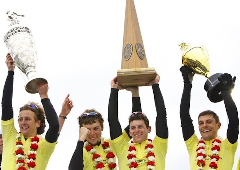 Cutters riders hoist their trophies following their victory in the Men's Little 500 race Saturday at Bill Armstrong Stadium. The Cutters won the event for the second year in a row.