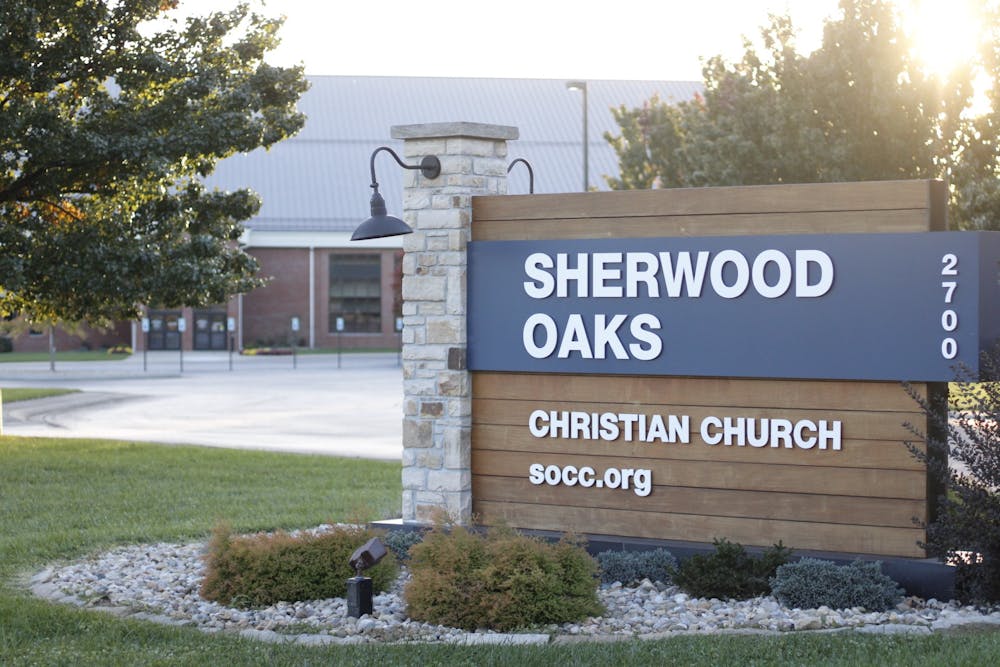 <p>A sign for Sherwood Oaks Christian Church is seen Nov. 7, 2021 at 2700 E. Rogers Road.</p>