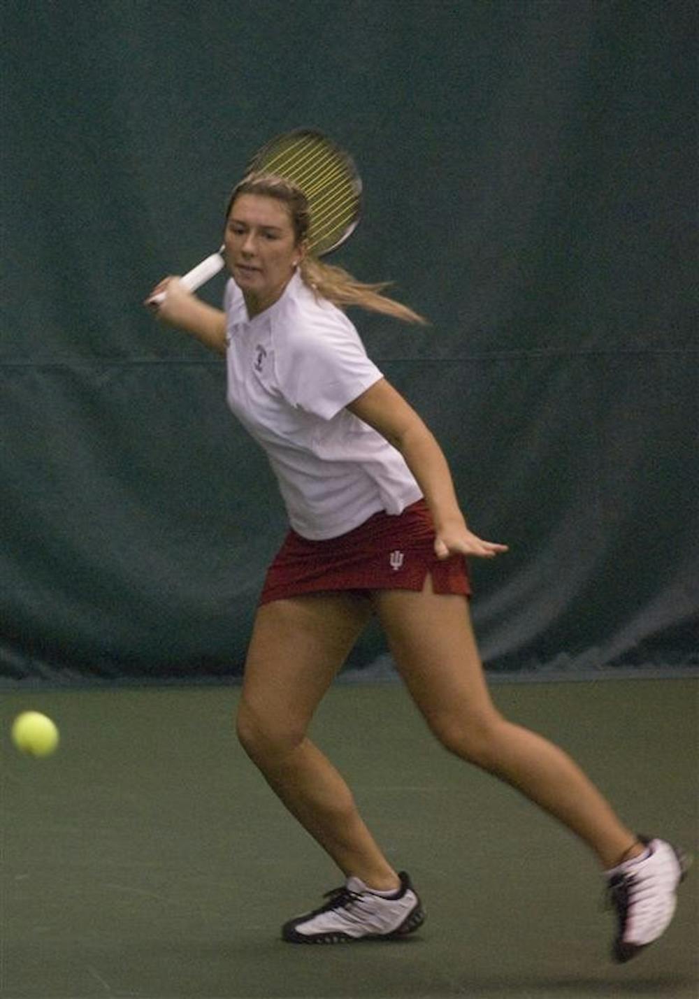 Sophomore Katya Zapadalova prepares to return the ball Sunday afternoon at the IU Tennis Center. Zapadalova was recently named the Big Ten Player of the Week.