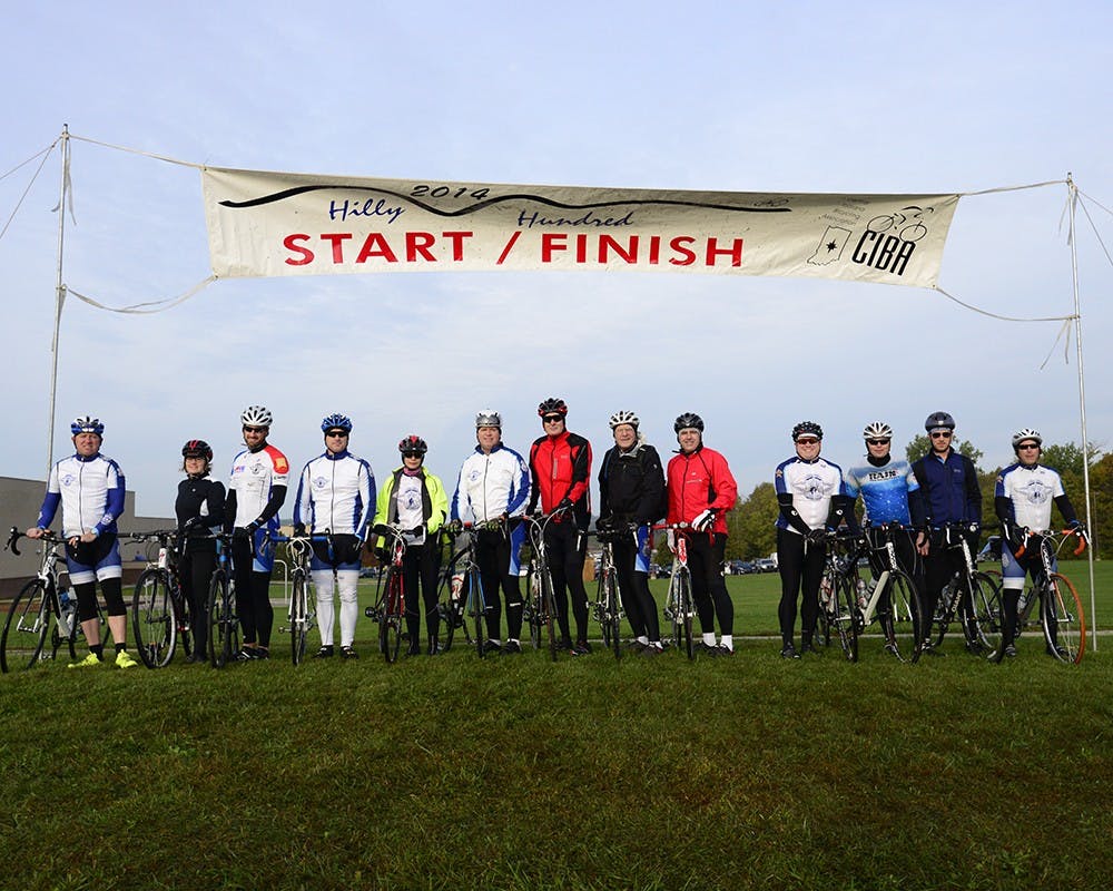 Riders of the 2014 Hilly Hundred gather at the start line on Saturday prior to the race.