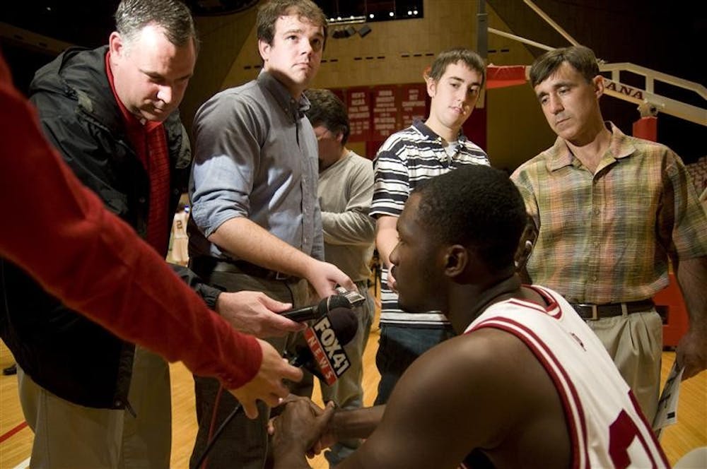 IU freshman player Nick Williams speaks with reporters during IU Media Day on Wednesday at Assembly Hall.