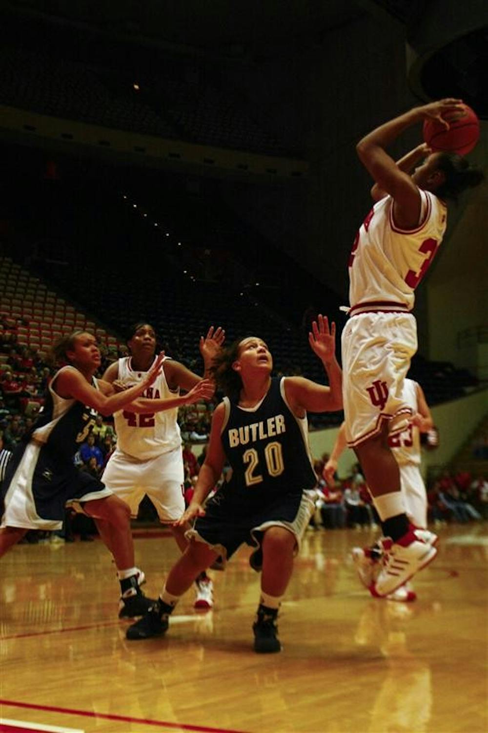 Sophomore Guard Jori Davis makes a jumpshot above a Butler defender. The Hoosiers finished the game with a 63-41 victory over Butler, Tuesday evening, extending their winning streak to five games.