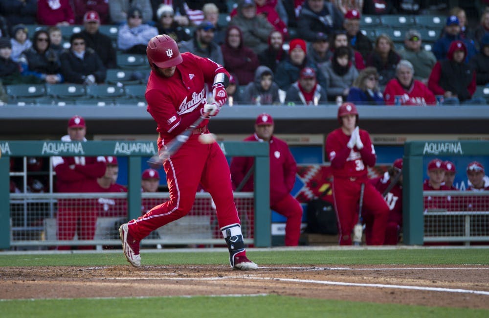 <p>Junior catcher Ryan Fineman hits a home run, bringing Fineman and junior outfielder Logan Kaletha in to score against Notre Dame on April 17 at Victory Field in Indianapolis. IU ended its season with a loss to Texas on Sunday.</p>