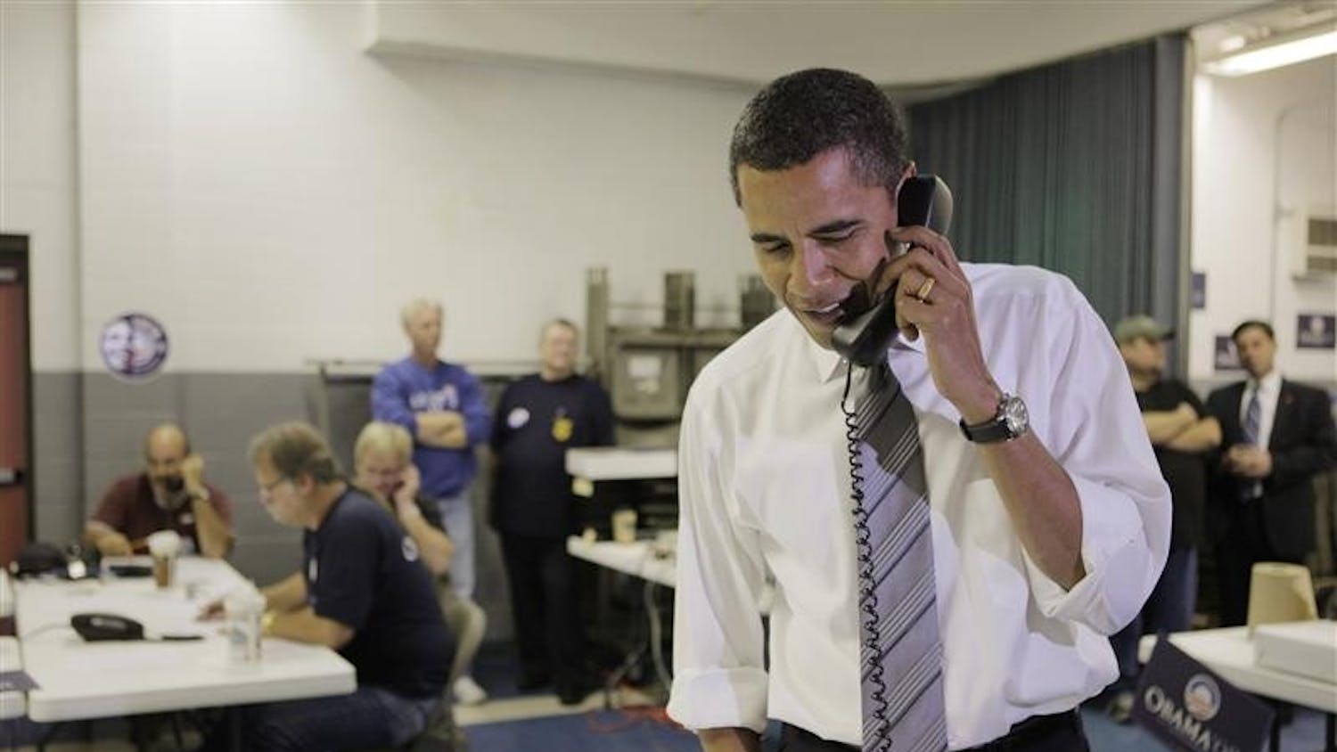 Democratic presidential candidate, Sen. Barack Obama, D-Ill., talks on the phone with a voter on Tuesday at the UAW Local 550 Union Hall in Indianapolis, Ind.