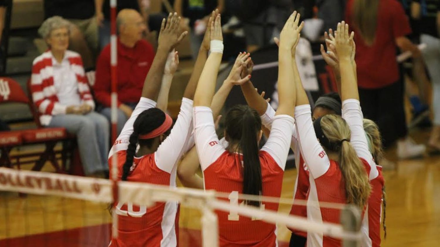 The IU volleyball team huddles during a 2015 game against Bowling Green at the University Gym in Bloomington. The team is 4-1 in 2018 under new coach Steve Aird.