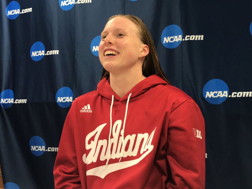 Lilly King talks to the media after winning the 200-yard breaststroke on the final night of the 2019 NCAA Tournament. King earned a silver medal in the women’s 4x100-meter medley relay, swimming the breaststroke leg in the preliminary round of the relay.