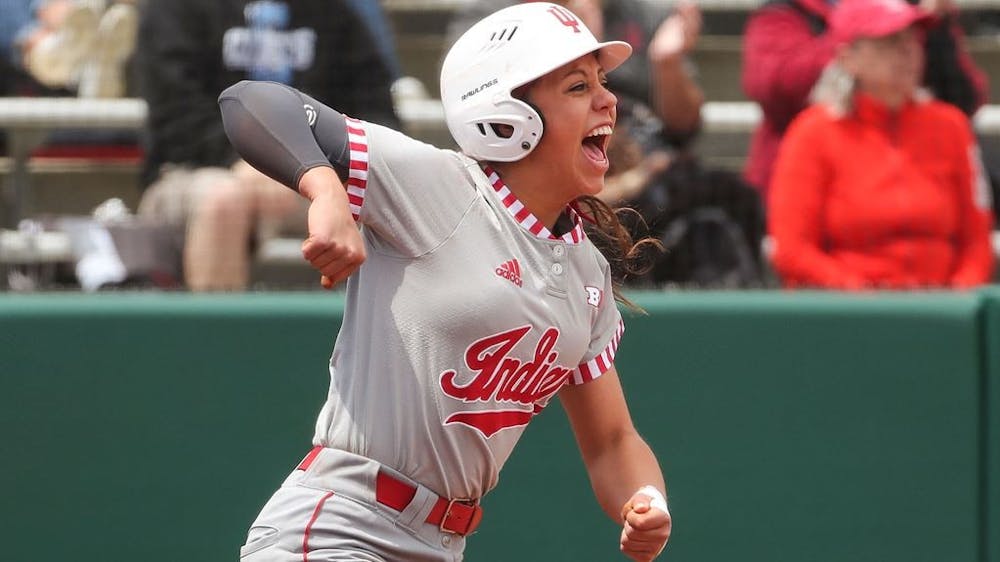 <p>Then-sophomore catcher Bella Norton celebrates on the field April 28, 2019, at Andy Mohr Field. The Hoosiers will begin a six -game series versus Northwestern and Rutgers on Thursday in Leesburg, Florida.</p>