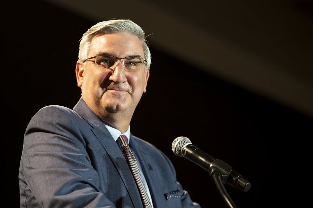 <p>Gov. Eric Holcomb gives his victory speech Nov. 3 at the JW Marriott Hotel in downtown Indianapolis. He thanked his family and members of the GOP for his victory.</p>