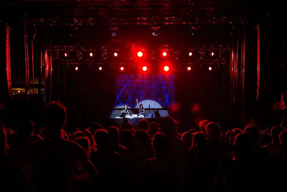 Krewella performs Saturday night at the IU Block Party. Despite a nearly three-hour weather delay the show continued, though two of the scheduled acts were cut due to time constraints: R&B artist SoMo and electro-pop band MisterWives. 