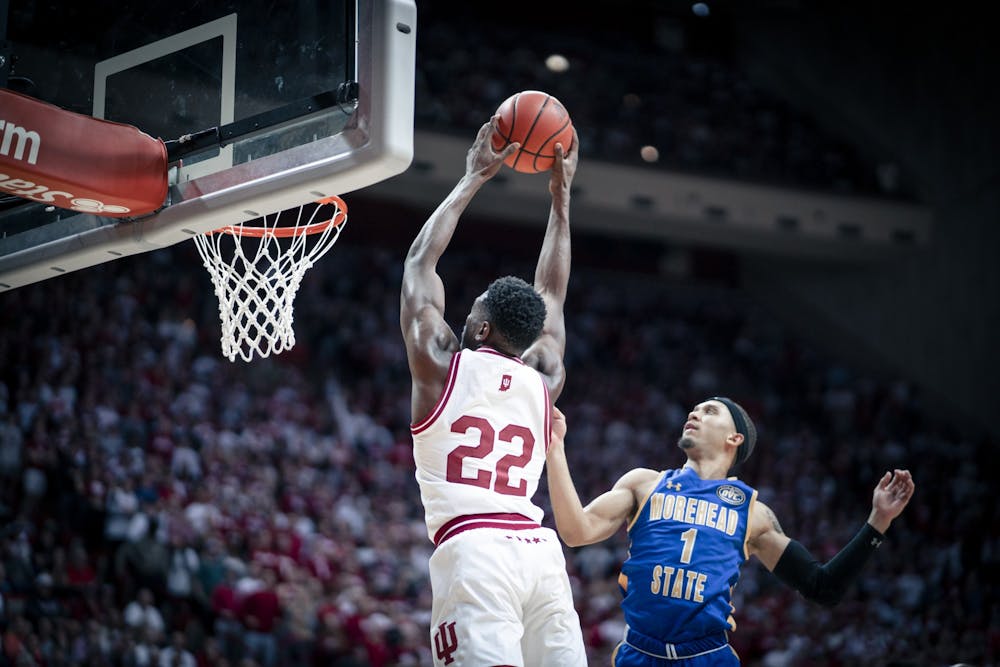 <p>Sophomore forward Jordan Geronimo dunks in the second half Nov. 7, 2022 at Simon Skjodt Assembly Hall in Bloomington, Indiana. The Hoosiers beat Morehead State 88-53.</p>