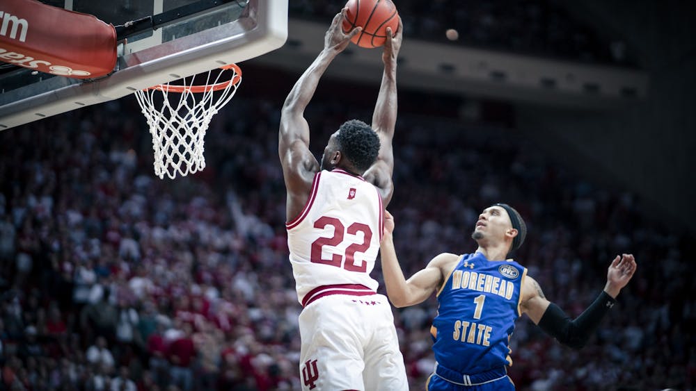 Sophomore forward Jordan Geronimo dunks in the second half Nov. 7, 2022 at Simon Skjodt Assembly Hall in Bloomington, Indiana. The Hoosiers beat Morehead State 88-53.