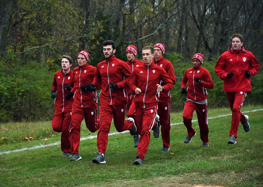 <p>The IU men's cross-country team warms up before its race in the Big Ten Cross Country Championships on Oct. 29, 2017, at the IU Championship Cross Country Course. IU will race in Illini Open this weekend.</p>