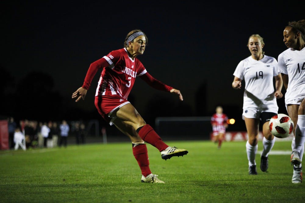 <p>Senior forward Abby Allen kicks the ball to a teammate near the goal Oct. 18 at Bill Armstrong Stadium. IU ended its season with an 8-8-2 record.&nbsp;</p>