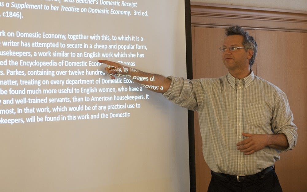 Konstantin Dierks, Associate Professor of History at IU, speaks Tuesday at Lilly Library. His lecture focused on the roots of American cuisine.