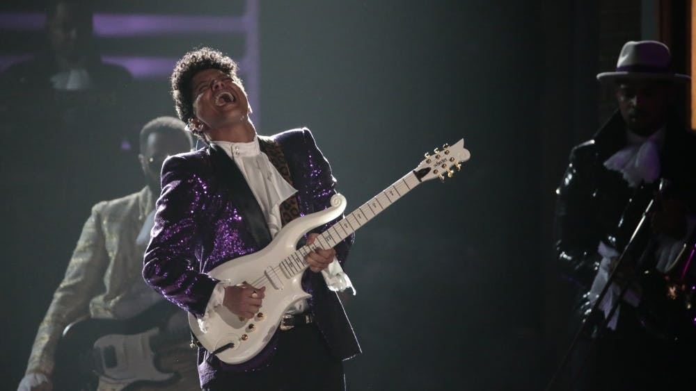 Bruno Mars performs in a tribute to Prince during the 59th Annual Grammy Awards at Staples Center in Los Angeles on Sunday, Feb. 12, 2017. (Robert Gauthier/Los Angeles Times/TNS)