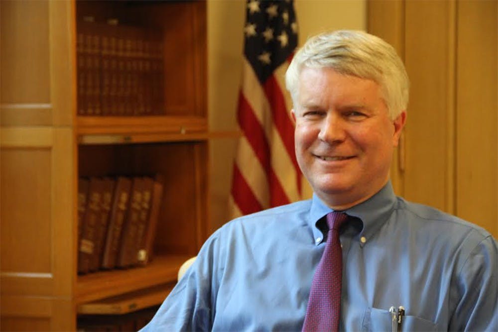 Judge David Hamilton, of the United States Court of Appeals for the Seventh Circuit, sits in his office in the IU Maurer School of Law. 