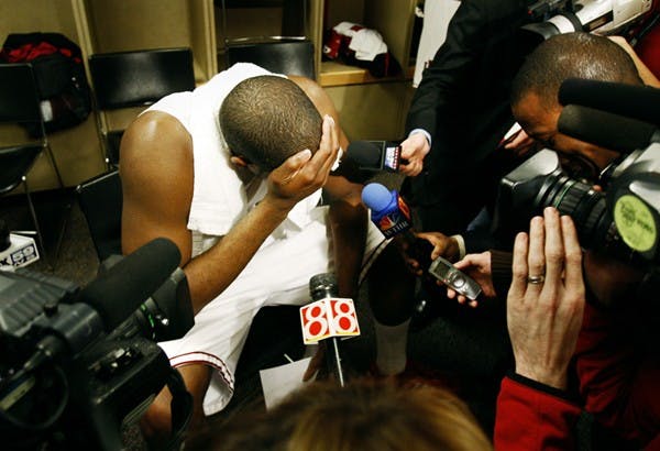 Jacob Kriese IDSSenior D.J. White reacts to reporters after IU was defeated by Minnesota at the Big Ten tournament on Friday night in Indianapolis.  Despite the 59-58 loss, White had 23 points, 13 rebounds and four blocks.